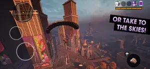 Parachuting between Steelport towers at dusk, captioned or take to the skies