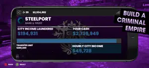 The Steelport bank screen with laundered city income and hourly earnings, captioned build a criminal empire
