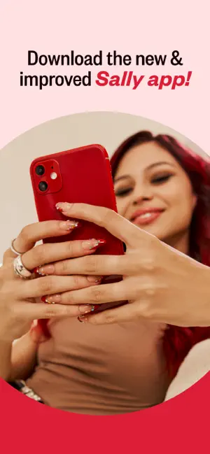 SALLY BEAUTY promo screen reading Download the new and improved Sally app, with a red-haired woman holding a red phone
