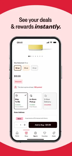 Product page with a $16.99 clearance price, a 180-point earning note and Ship To Me, In-Store Pickup and 2-Hour Delivery options