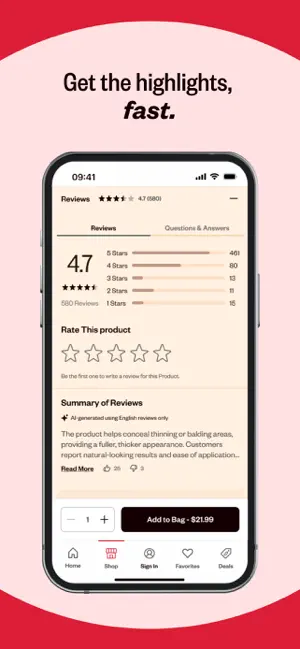 Product reviews tab showing 4.7 stars from 580 reviews and an AI-generated Summary of Reviews based on English reviews only