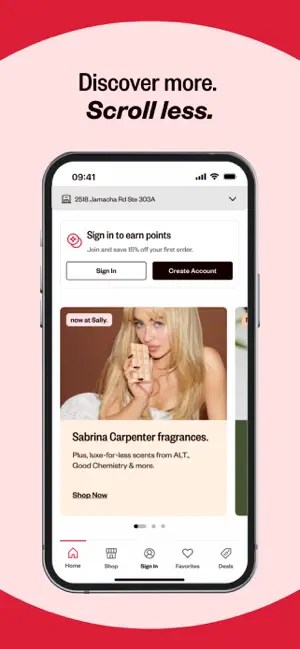 Home screen with a selected store address, a Sign in to earn points card offering 15% off a first order and a fragrance banner