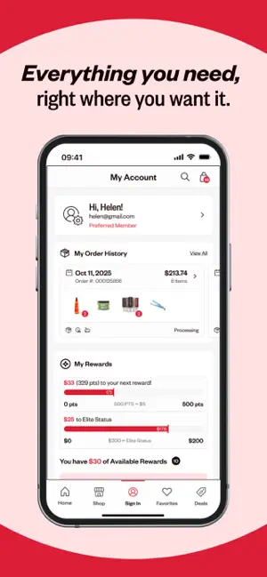 My Account screen for a Preferred Member with order history, 329 points to the next reward and $25 left to Elite status