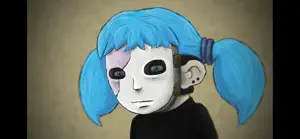 Sal Fisher in his prosthetic mask with blue pigtails against a brown wall