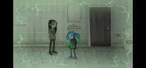 Sal and Larry in a green-lit apartment hallway beside a door