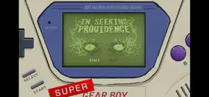 The Super Gear Boy handheld showing an In Seeking Providence title screen