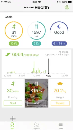 Older iPhone home screen with goal rings for 61 active minutes, 1,597 calories and 6 h 51 m of sleep above a 6,064-step chart
