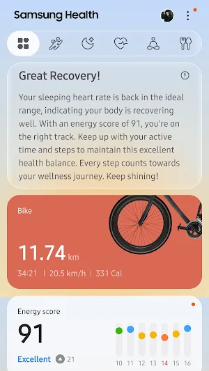 Redesigned Android dashboard with a Great Recovery note, an 11.74 km bike ride and an Energy Score of 91