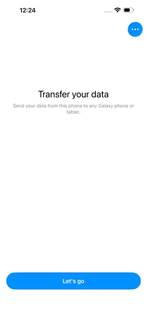 Smart Switch iPhone app start screen titled Transfer your data with a Let's go button for sending to a Galaxy phone or tablet