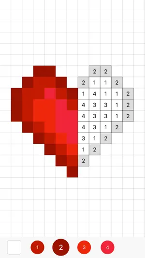 Pixel grid of a heart being filled by numbered cells