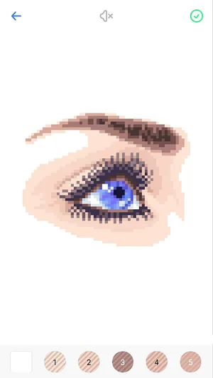 Colouring a pixel-art eye cell by cell, with palette numbers 1 to 5 along the bottom