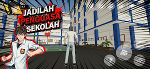 Bayu in a white school uniform outside a blue-and-white campus building with touch controls, captioned become the ruler of the school