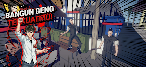 Bayu and two crew members beside a bench in a schoolyard, captioned build your strongest gang