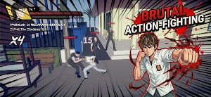 A street brawl with a 15-hit combo counter, captioned brutal action-fighting