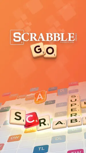 Scrabble GO title screen with the logo above a tilted board where wooden tiles spell SCRABBLE and SUPER
