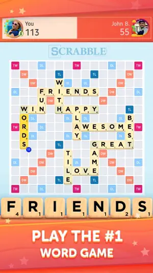Classic board at 113 to 55 against John B., with FRIENDS, HAPPY and AWESOME on the grid and FRIENDS on the rack