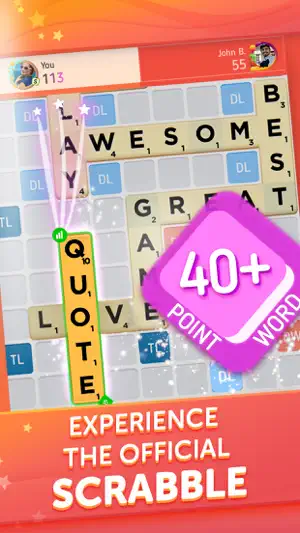 Close-up of QUOTE played down a column, with a pink 40+ Point Word badge and the score at 113 to 55