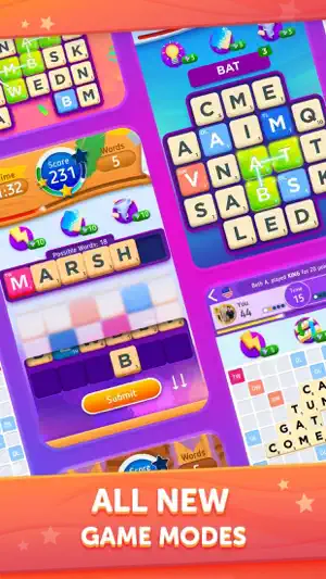 Collage of side modes: a timed rack spelling MARSH at 231 points, a letter grid tracing BAT and a small board