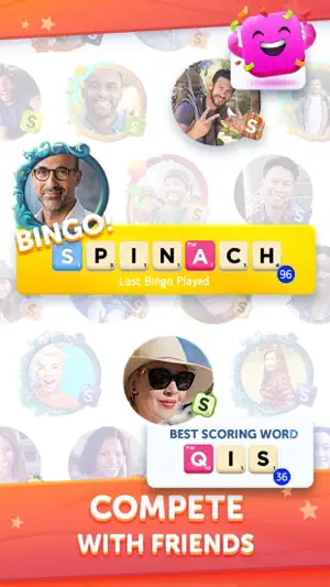 Player cards showing a BINGO with SPINACH for 96 points and a best scoring word, QIS, for 36