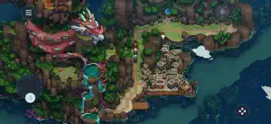 Overworld map with a red dragon coiled over islands, the party's ship in a bay