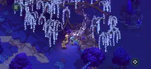 Valere and Zale beneath a glowing purple willow in a moonlit grove