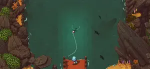 Fishing from a wooden jetty on a green lake, line cast toward a ripple