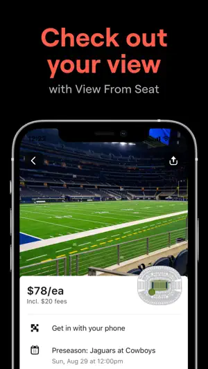 View From Seat photo of a football stadium with a $78 ticket including $20 in fees for a Jaguars at Cowboys preseason game