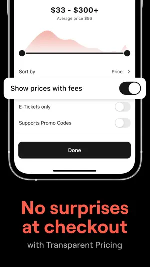 Price filter spanning $33 to $300+ with a $96 average and the Show prices with fees toggle switched on