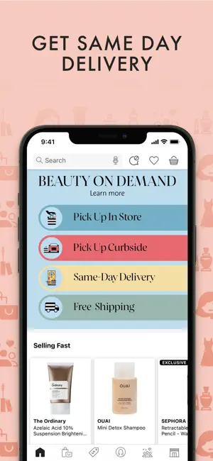 Beauty on Demand home banner listing Pick Up In Store, Pick Up Curbside, Same-Day Delivery and Free Shipping