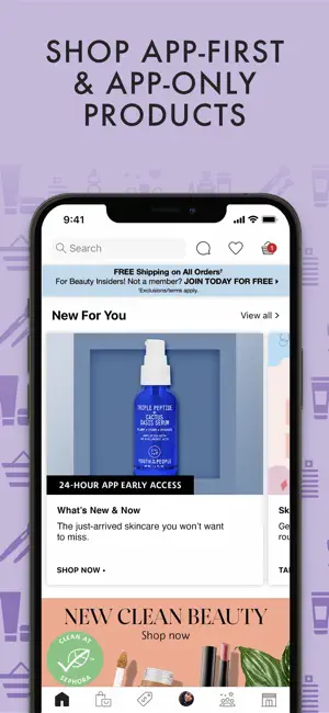 New For You feed with a 24-Hour App Early Access tag on a Youth To The People serum and a Clean at Sephora banner