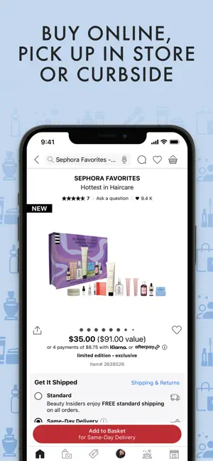 Sephora Favorites haircare kit at $35.00 ($91.00 value) with Klarna and Afterpay installments and a Same-Day Delivery button