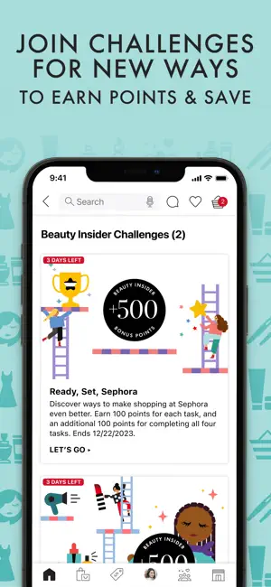 Beauty Insider Challenges screen with the Ready, Set, Sephora challenge worth 500 bonus points at 100 per task