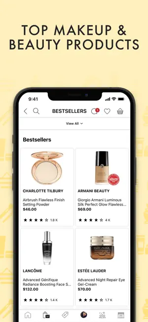 Bestsellers grid with Charlotte Tilbury powder at $46, Armani Beauty foundation at $69, Lancôme serum at $132 and Estée Lauder eye gel at $70