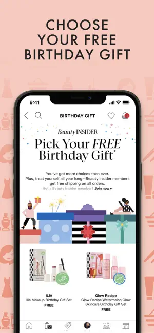 Birthday Gift page offering free Ilia makeup and Glow Recipe skincare gift sets to Beauty Insider members