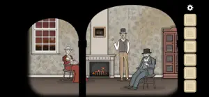 Two gentlemen and a seated figure by a fireplace in a study