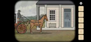 A horse and carriage arriving at the porch of the house