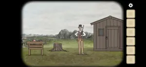The servant beside a shed on a misty lawn