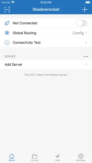 Home screen with the connection switch off and no server added