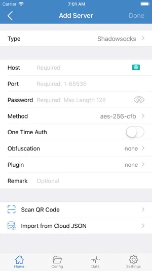 Add server form asking for host, port, password and method