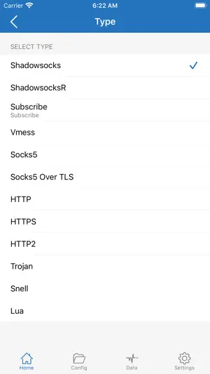Protocol list offering Shadowsocks, VMess, Trojan and Snell