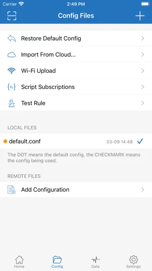 Config files screen with a default configuration selected