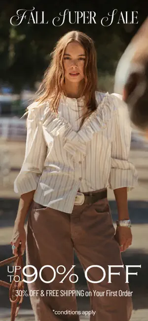 SHEIN Fall Super Sale banner with a model in a striped ruffle blouse, advertising up to 90% off and free shipping on a first order