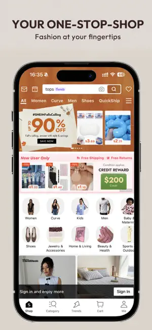 SHEIN home screen with a tops search, Women, Curve, Men, Shoes and QuickShip tabs, a New User Only strip and a $200 credit reward