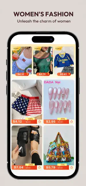 Women's fashion feed ranking its top three items at $4.10 to $5.43 above discounted shorts, press-on nails, sandals and a tote bag