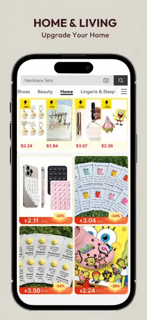 Home & Living tab with Necklace Sets in the search bar and cake toppers, phone suction grips and SpongeBob shoe charms from $2.11 to $3.50