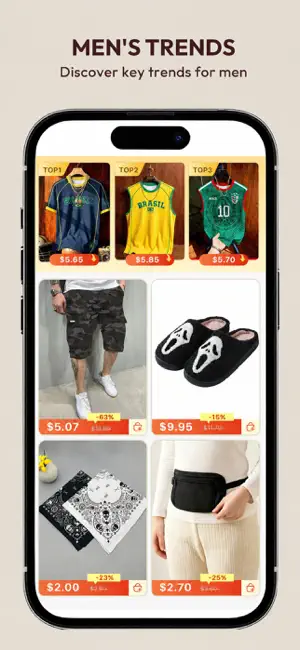 Men's trends feed with three football jerseys ranked top at $5.65 to $5.85, plus cargo shorts, Ghostface slippers, bandanas and a waist bag