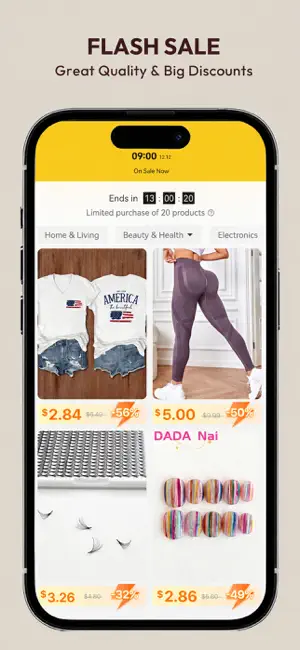 Flash Sale page with a 13:00:20 countdown, a limit of 20 discounted products per purchase and markdowns of up to 56%