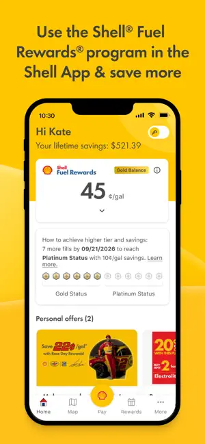 Shell App home screen with a Fuel Rewards Gold balance of 45¢/gal, $521.39 lifetime savings and seven fills left to Platinum Status