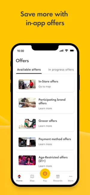Offers tab listing In-Store, Participating brand, Grocer, Payment method and Age-Restricted (21+) offer categories