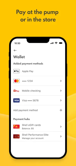 Wallet screen with Apple Pay, a Mastercard, Mobile checking and a Visa card, plus Shell eGift card and Shell Performance Elite payment hubs